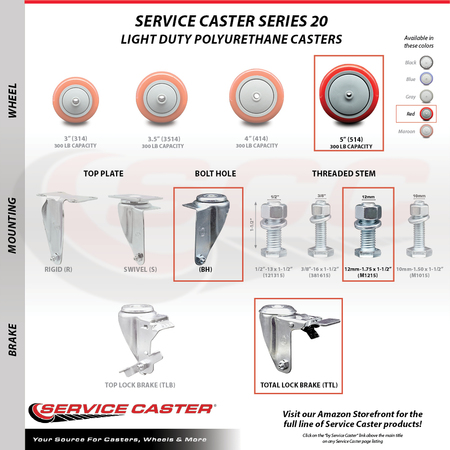Service Caster 5 Inch Red Polyurethane Swivel 12mm Stem Caster with Total Lock Brake SCC SCC-TSTTL20S514-PPUB-RED-M1215